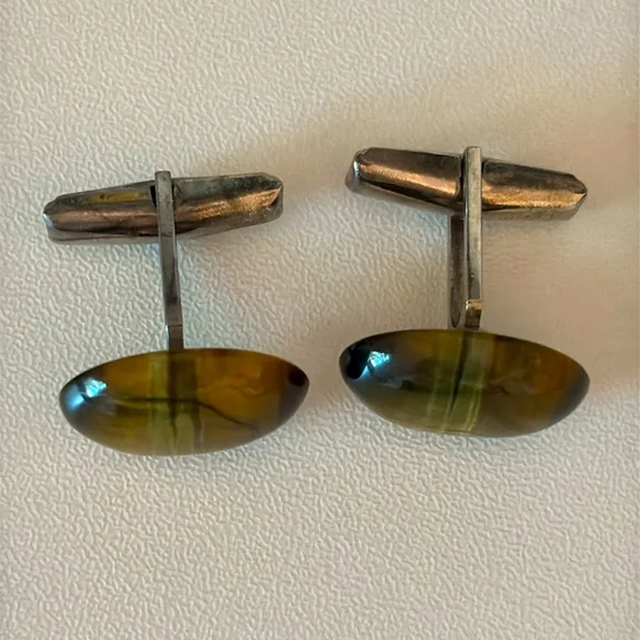 Vintage Tiger's Eye cufflinks silver Tone Brown Accents men's French cuffs - Picture 3 of 9